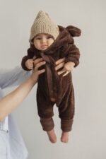 Salopette in pile con orecchie|Cotone GOTS|Teddy Marrone