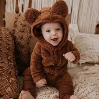 Salopette polaire avec oreilles| Coton GOTS | Teddy Caramel