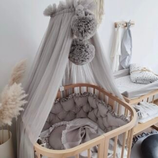 Betthimmel Tüll Grau mit 2 Pompons