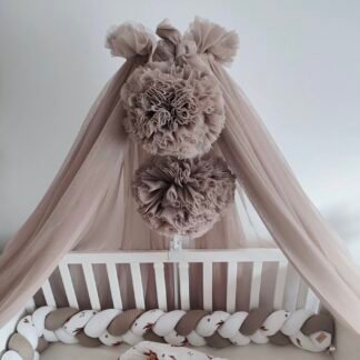 Betthimmel Tüll Taupe mit 2 Pompons