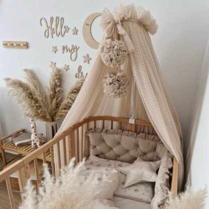 Betthimmel Retro Tüll Beige mit 2 Pompons