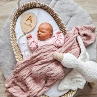 Bambus Babydecke gestrickt mit Zopfmuster|Pink