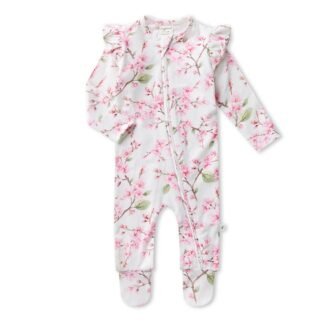 Grenouillère douillette en coton biologique à motif de fleurs de cerisier avec fermeture éclair et pieds à volants