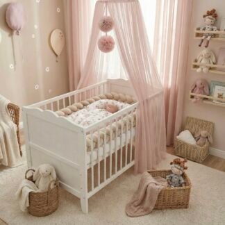 Bed canopy tulle light pink with 2 pompoms