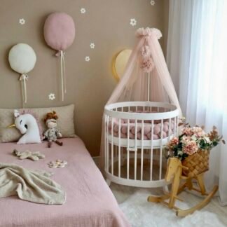 Bed canopy tulle light pink with 2 pompoms